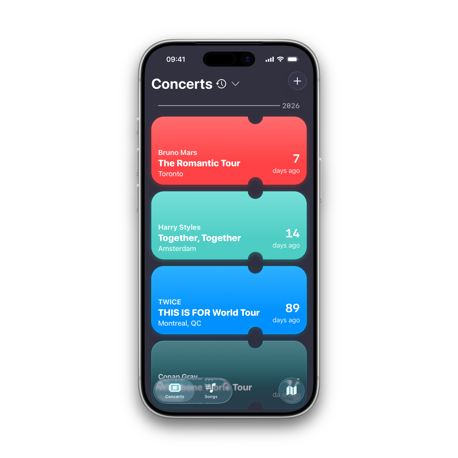 Barricade 2.0 concert timeline with colorful ticket cards